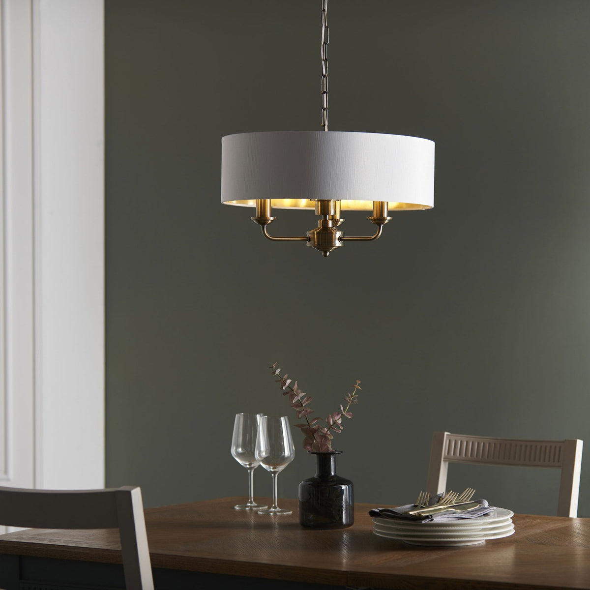 Highclere Three Light Pendant in Antique Brass with Vintage White Shade