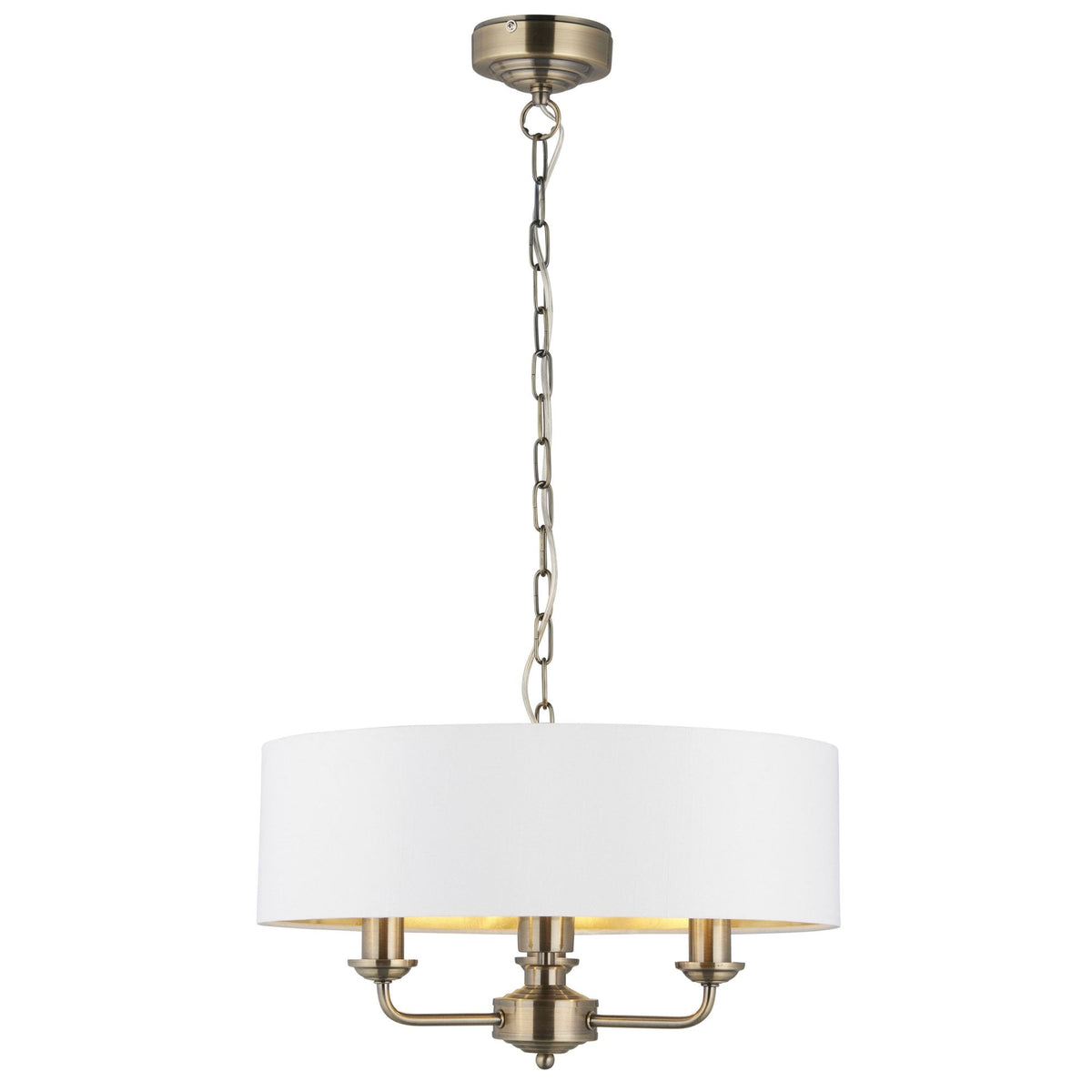 Highclere Three Light Pendant in Antique Brass with Vintage White Shade