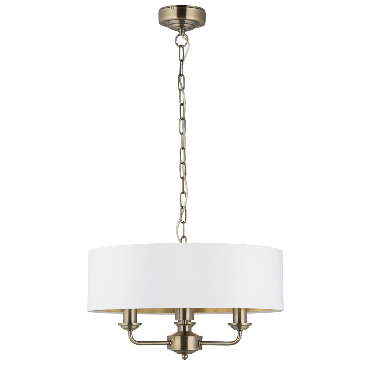 Highclere Three Light Pendant in Antique Brass with Vintage White Shade