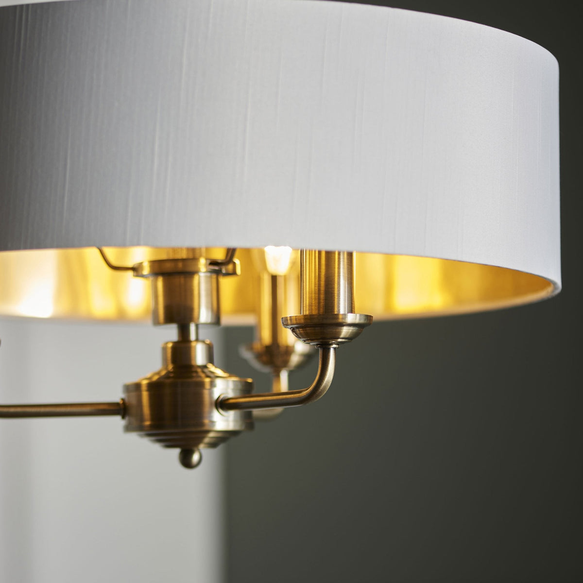 Highclere Three Light Pendant in Antique Brass with Vintage White Shade