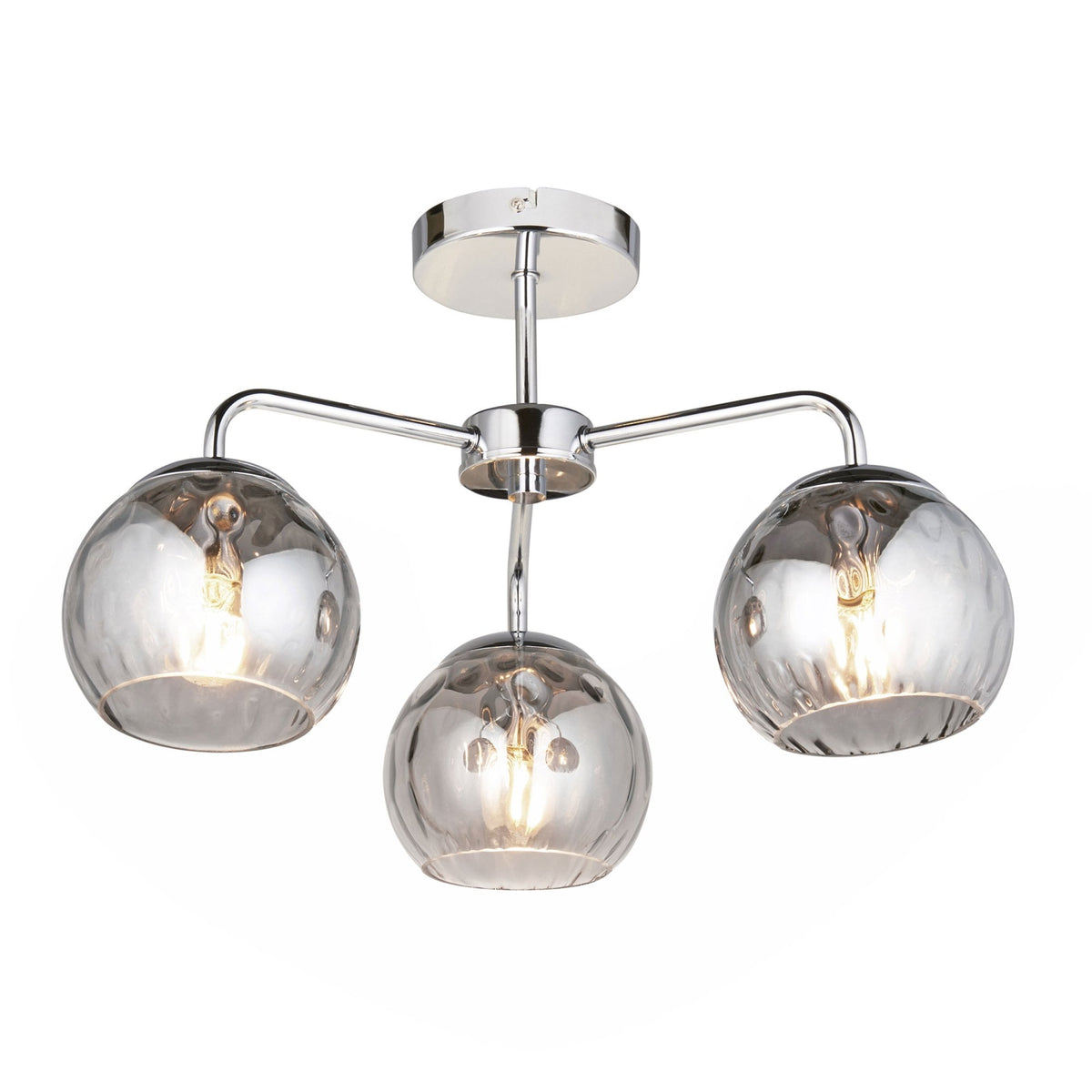 Chrome ceiling light with three smoked glass shades on a white background.