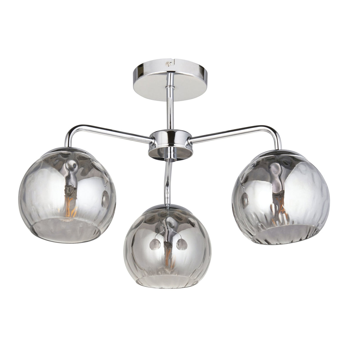 Chrome ceiling light with three smoked glass shades on a white background.
