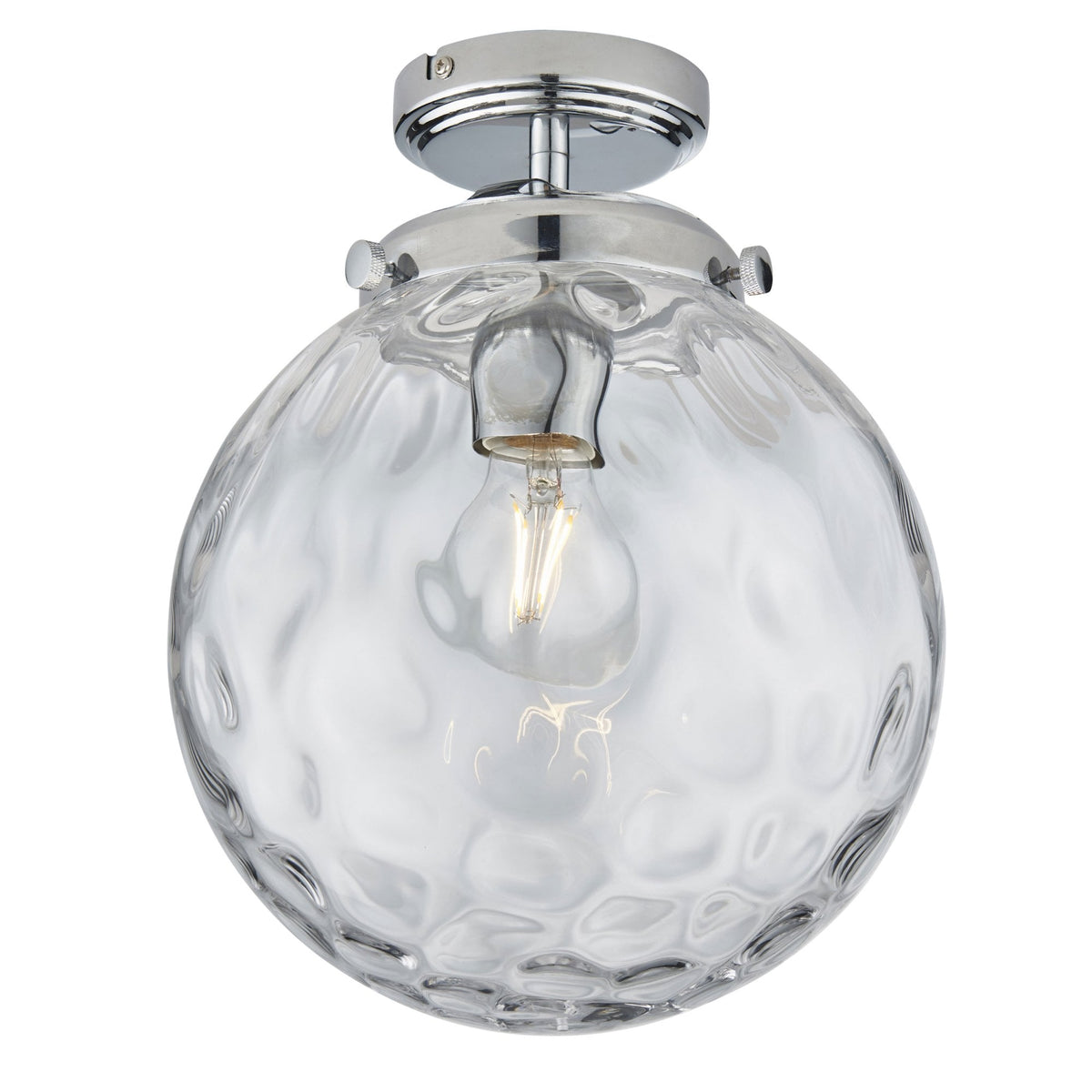 A clear, textured glass globe ceiling light with a chrome base on a white background.