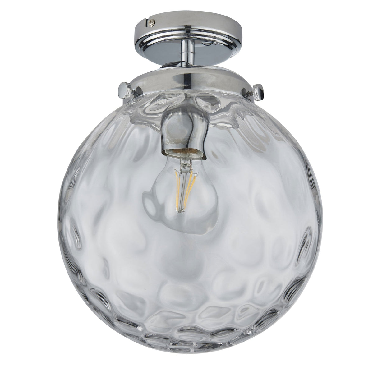 A clear, textured glass globe ceiling light with a chrome base on a white background.
