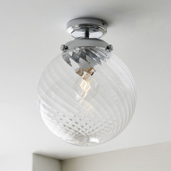 Milston IP44 Semi Flush Light in Chrome & Clear Swirl Ribbed Glass