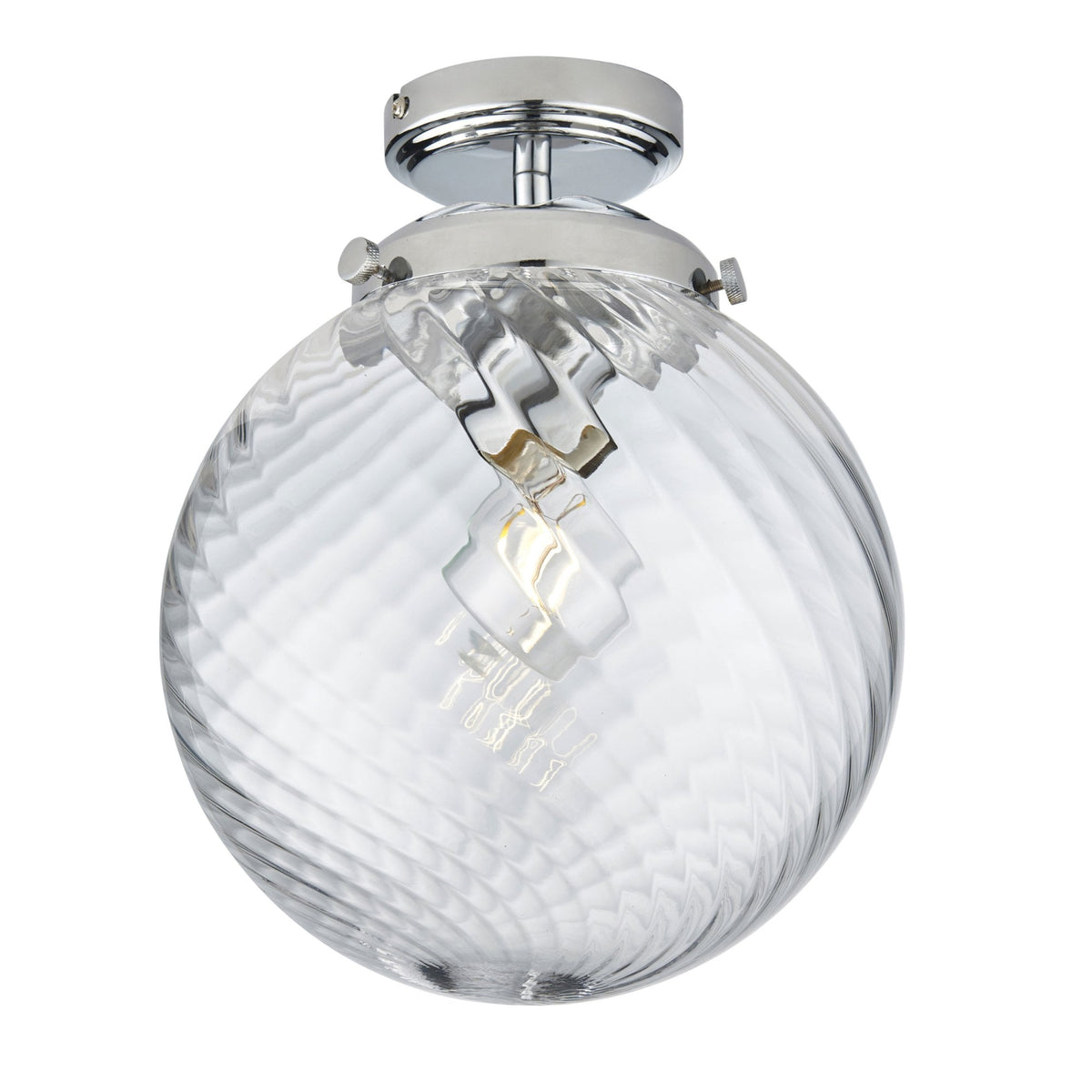 Clear glass globe ceiling light with a chrome base and a swirling pattern on the glass, on a white background.