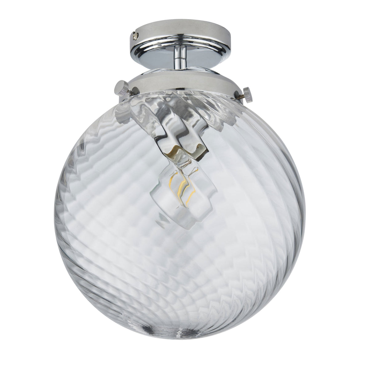 Clear glass globe ceiling light with a chrome base and a swirling pattern on the glass, on a white background.