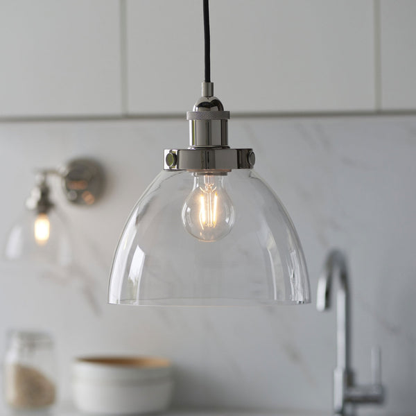 Chickerell Pendant in a Bright Nickel Finish with Clear Glass