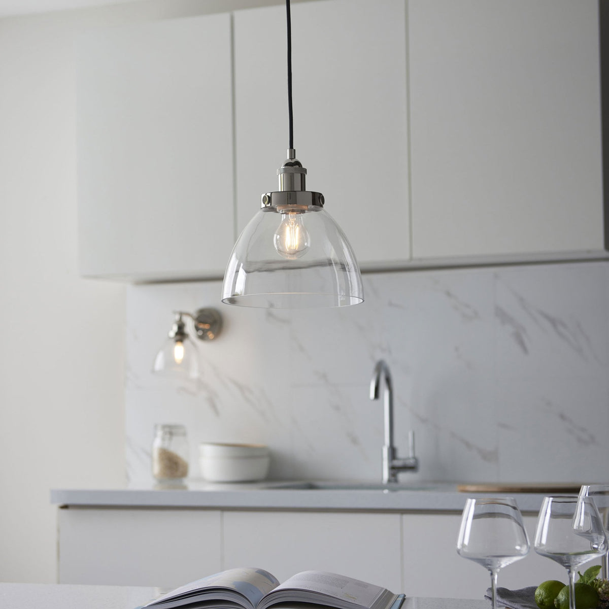 Chickerell Pendant in a Bright Nickel Finish with Clear Glass