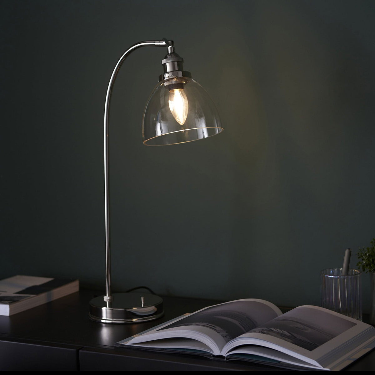Hansen Table Lamp in a Bright Nickel Finish with Clear Glass