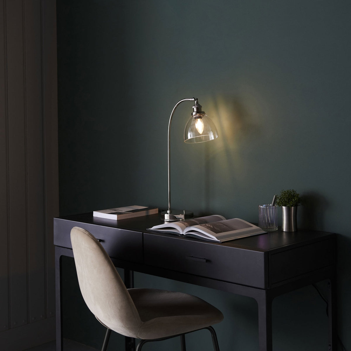 Hansen Table Lamp in a Bright Nickel Finish with Clear Glass