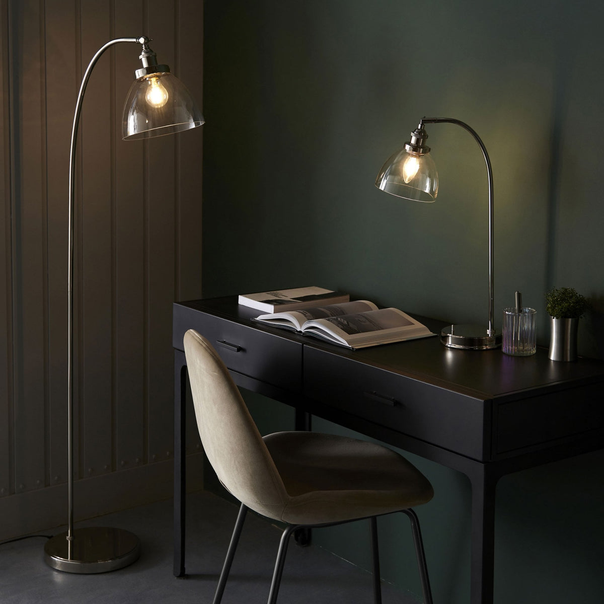 Hansen Table Lamp in a Bright Nickel Finish with Clear Glass