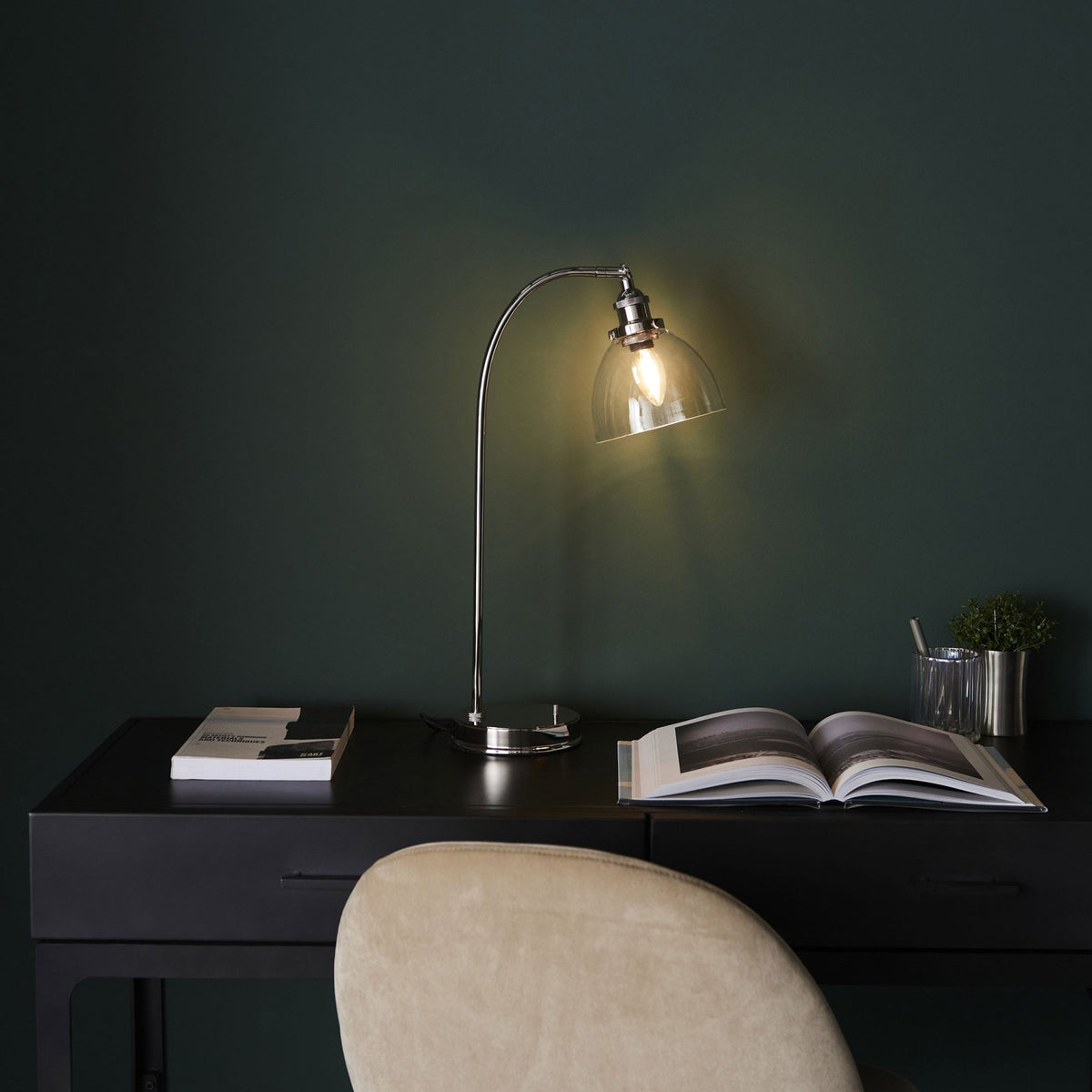 Hansen Table Lamp in a Bright Nickel Finish with Clear Glass