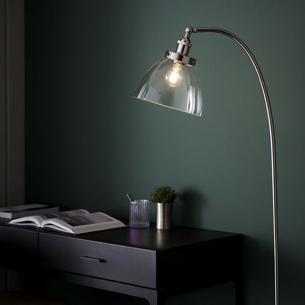 Hansen Floor Lamp in a Bright Nickel Finish with Clear Glass
