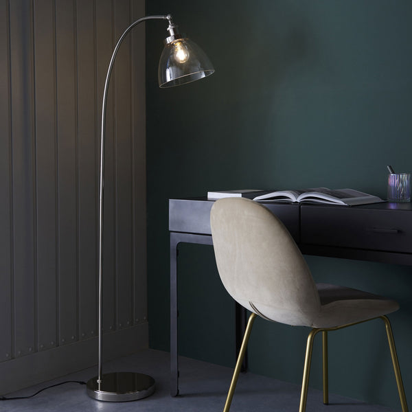 Hansen Floor Lamp in a Bright Nickel Finish with Clear Glass