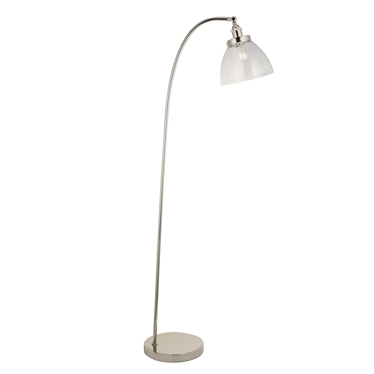 Floor lamp with a curved silver stand and a clear glass shade on a white background.