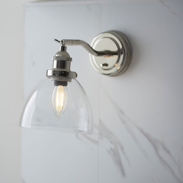 Hansen Switched Wall Light in a Bright Nickel Finish with Clear Glass