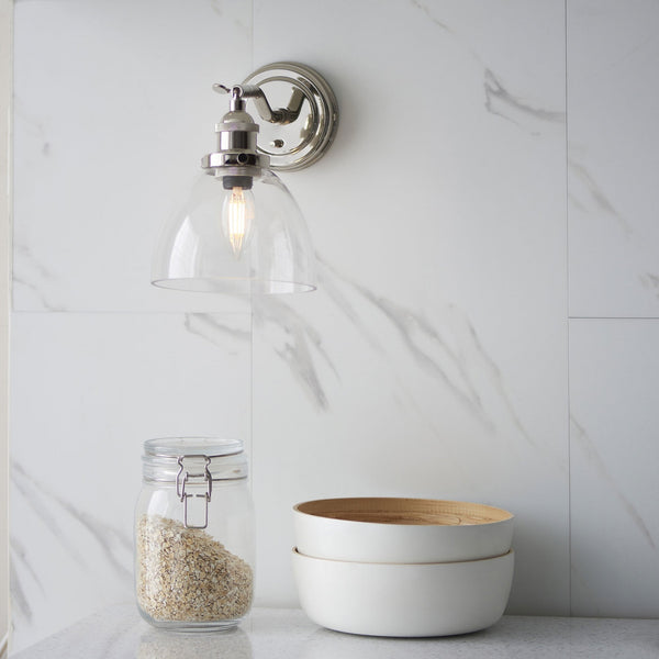 Hansen Switched Wall Light in a Bright Nickel Finish with Clear Glass