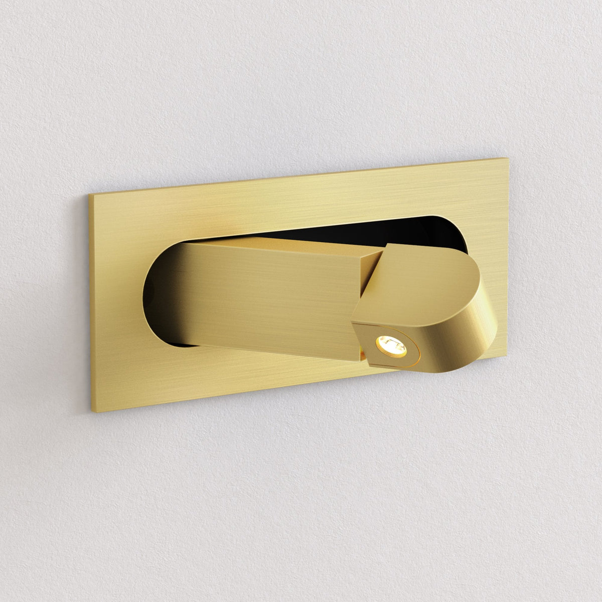 Recessed wall light in brushed brass finish, with a rectangular base and a swivel spotlight