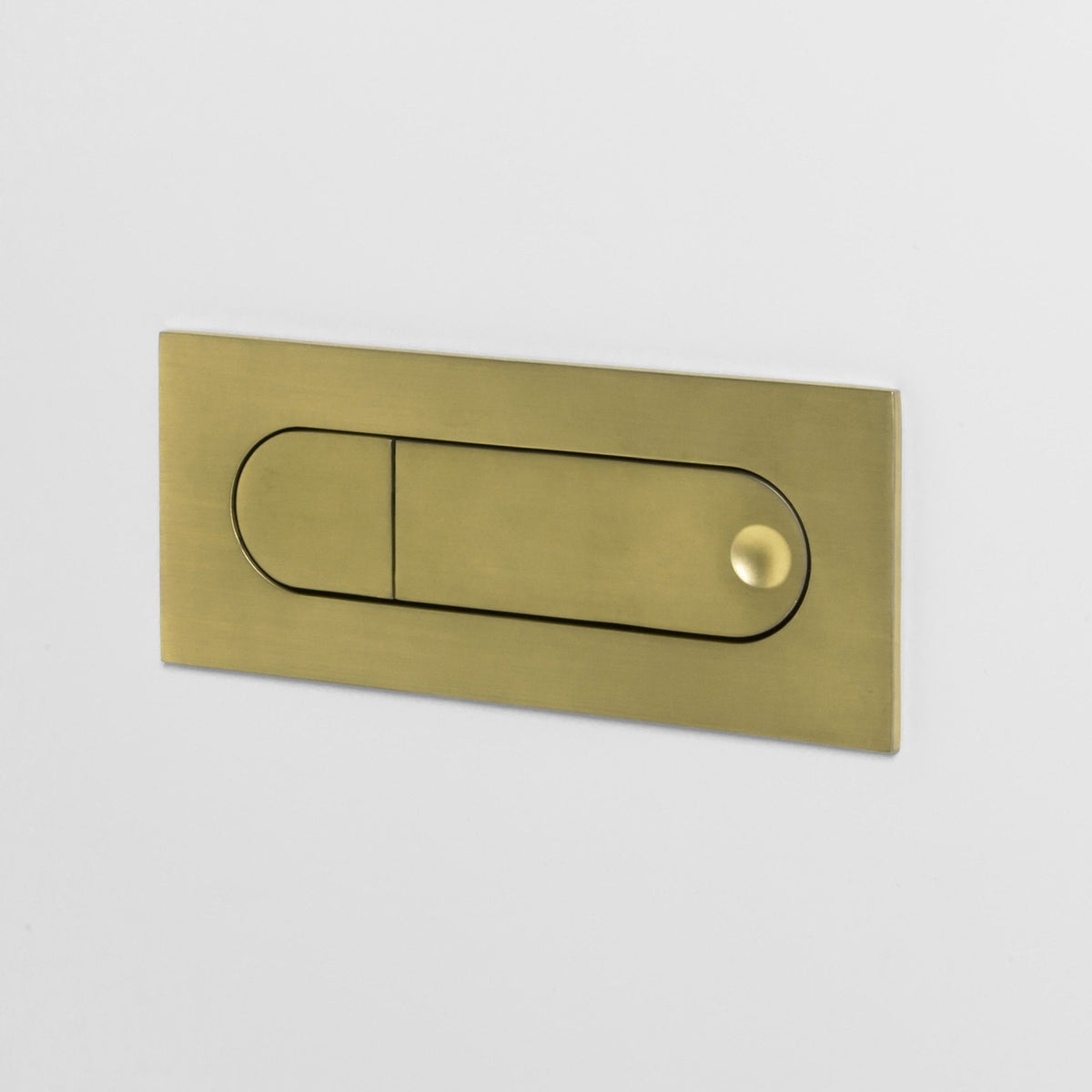 Brushed brass rectangular flush plate with two buttons, one D-shaped and one oval with a circular detail