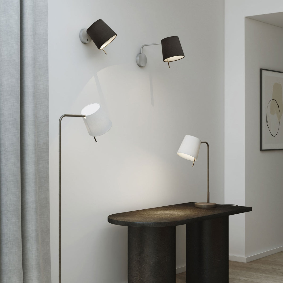 Four lamps, two wall-mounted and two freestanding, illuminate a dark console table