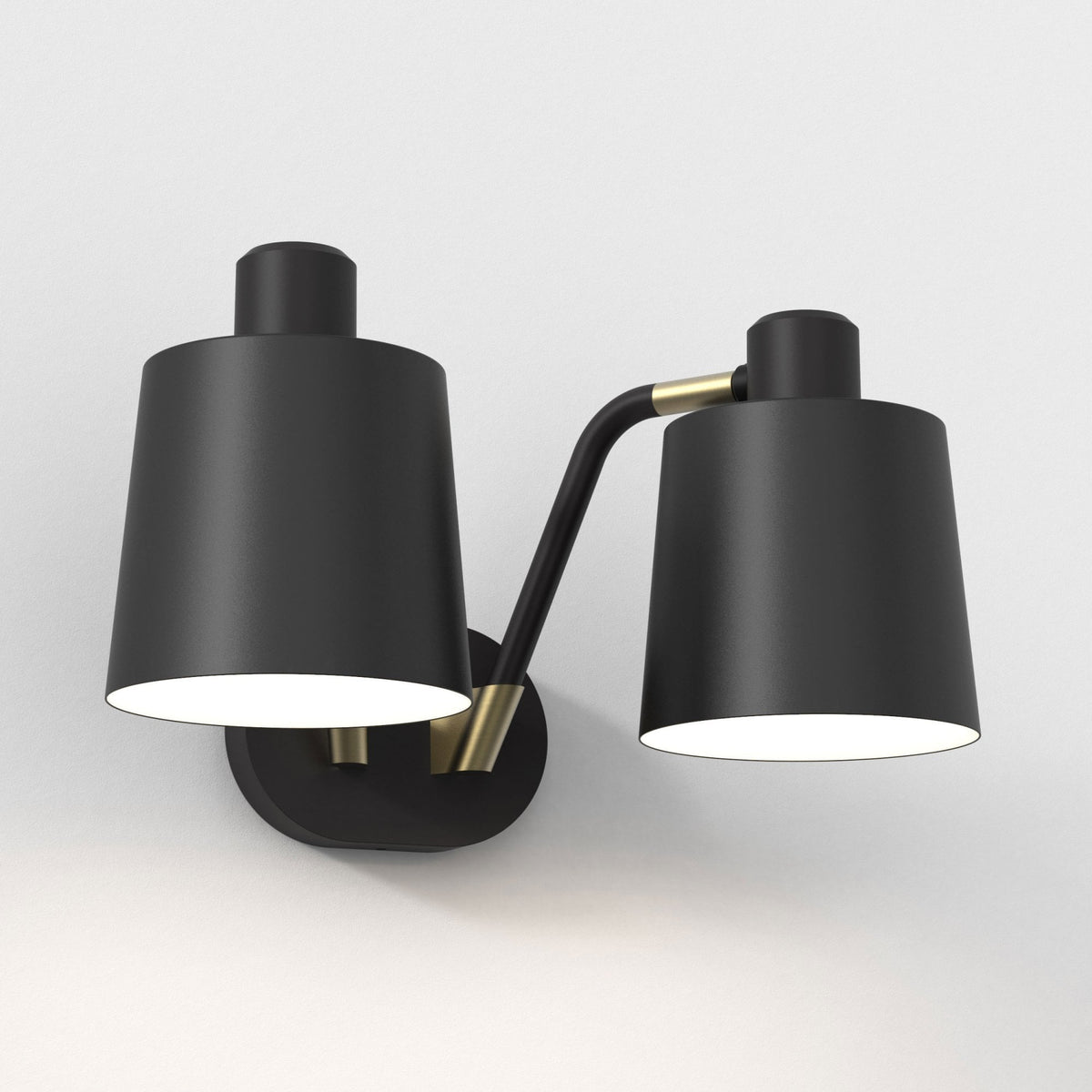 Black two-light wall sconce with brass accents