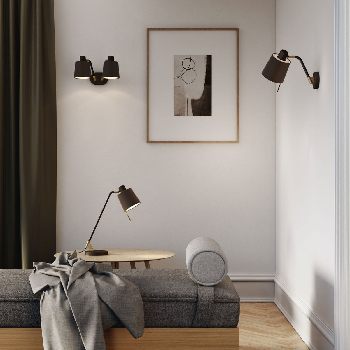 Modern living room with a daybed, abstract art, and three black and brass wall lamps