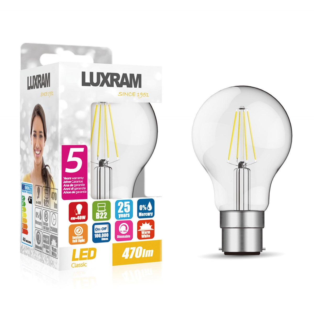 Classic B22 Dimmable Warm White LED GLS 4W 2700K 470lm