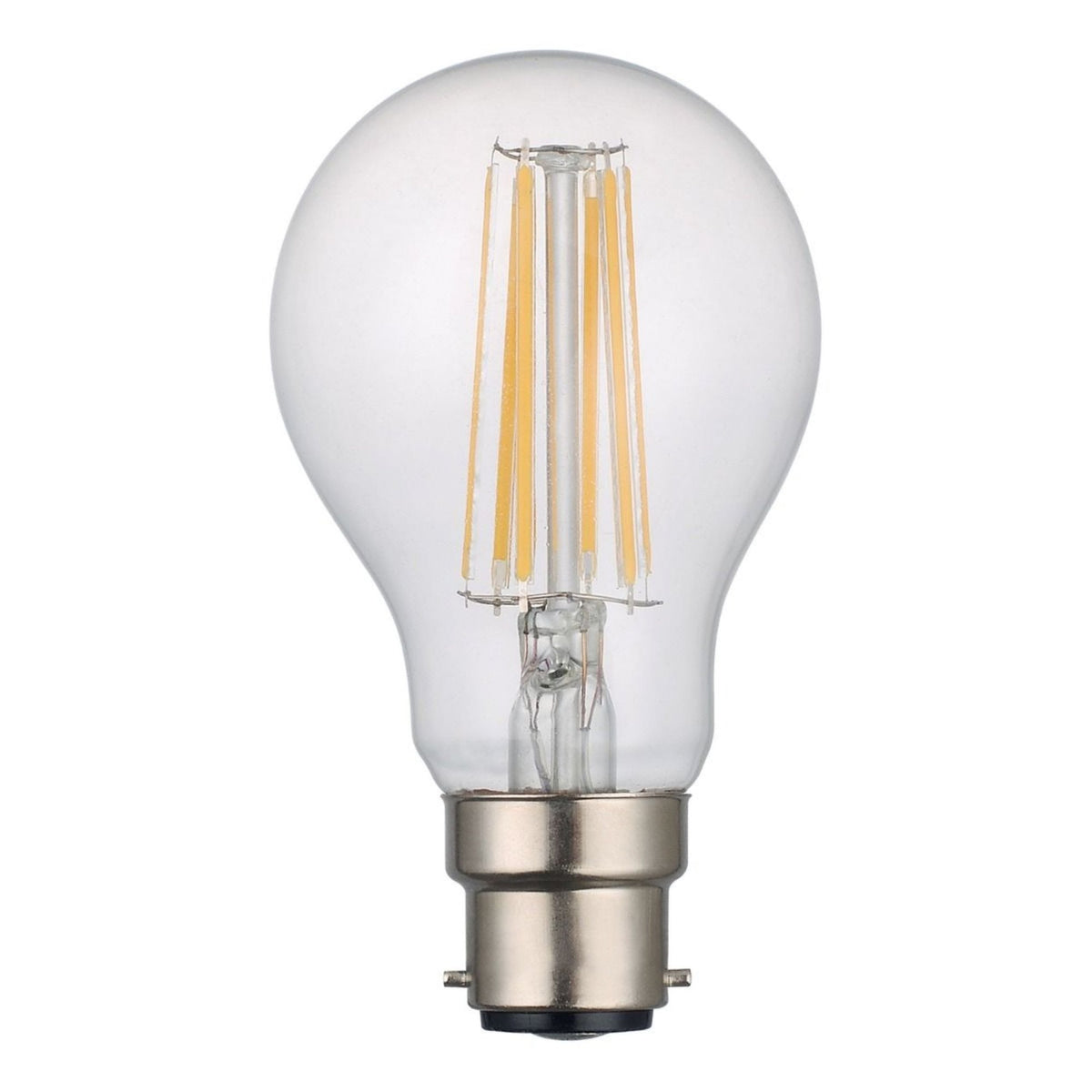 A clear LED light bulb with a bayonet fitting.