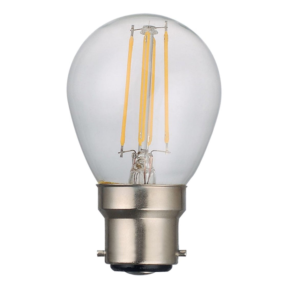 Clear LED light bulb with a silver base and four vertical yellow filaments inside.