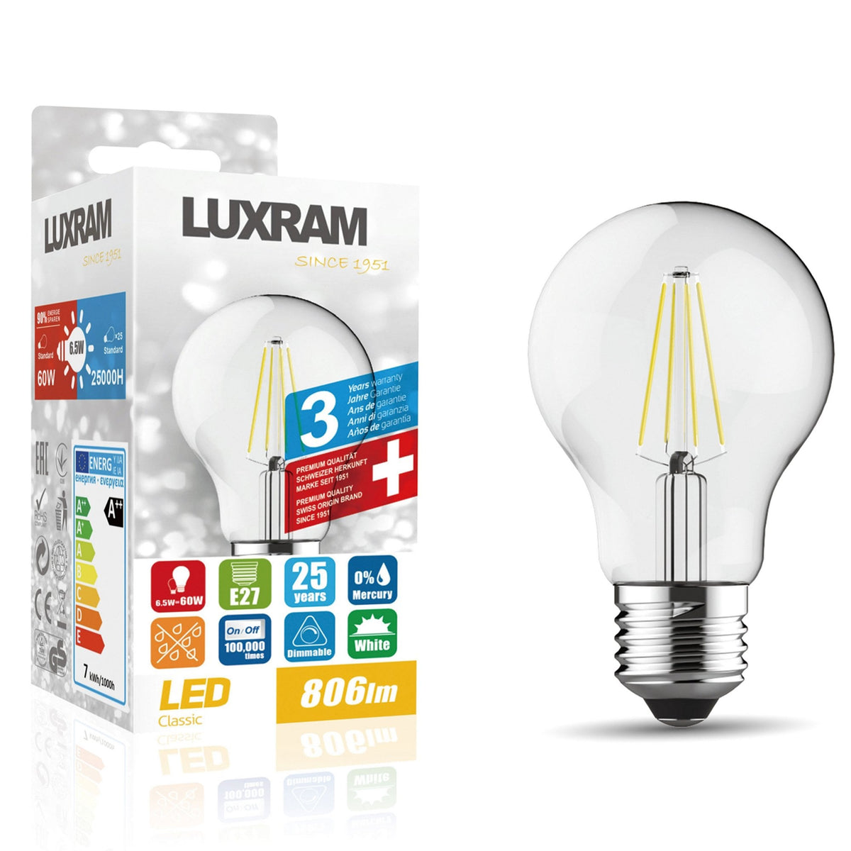 Classic E27 Dimmable Cool White LED GLS 6.5W 6000K 806lm