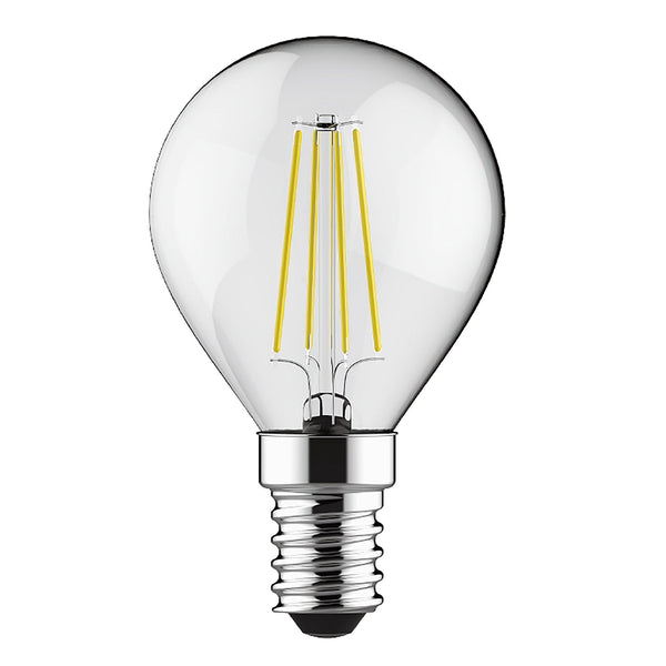 A close up of a LED filament bulb with an E14 fitting.