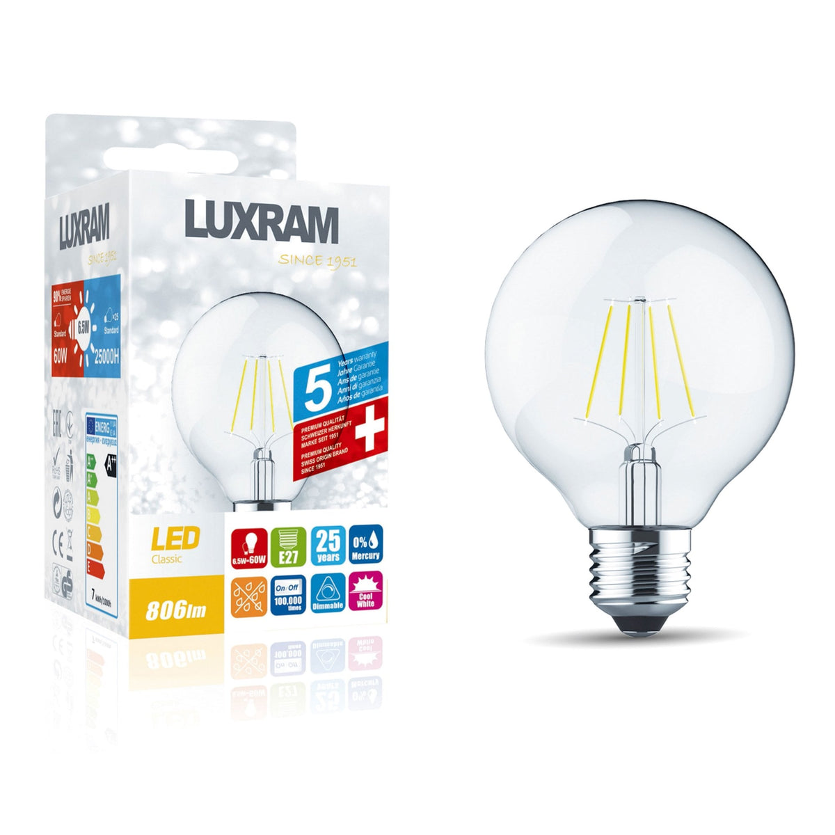 Classic E27 Dimmable Neutral White 80mm LED Globe 6.5W 4000K 806lm