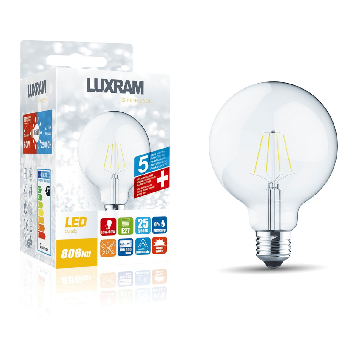 Classic E27 Dimmable Warm White 95mm LED Globe 6.5W 2700K 806lm