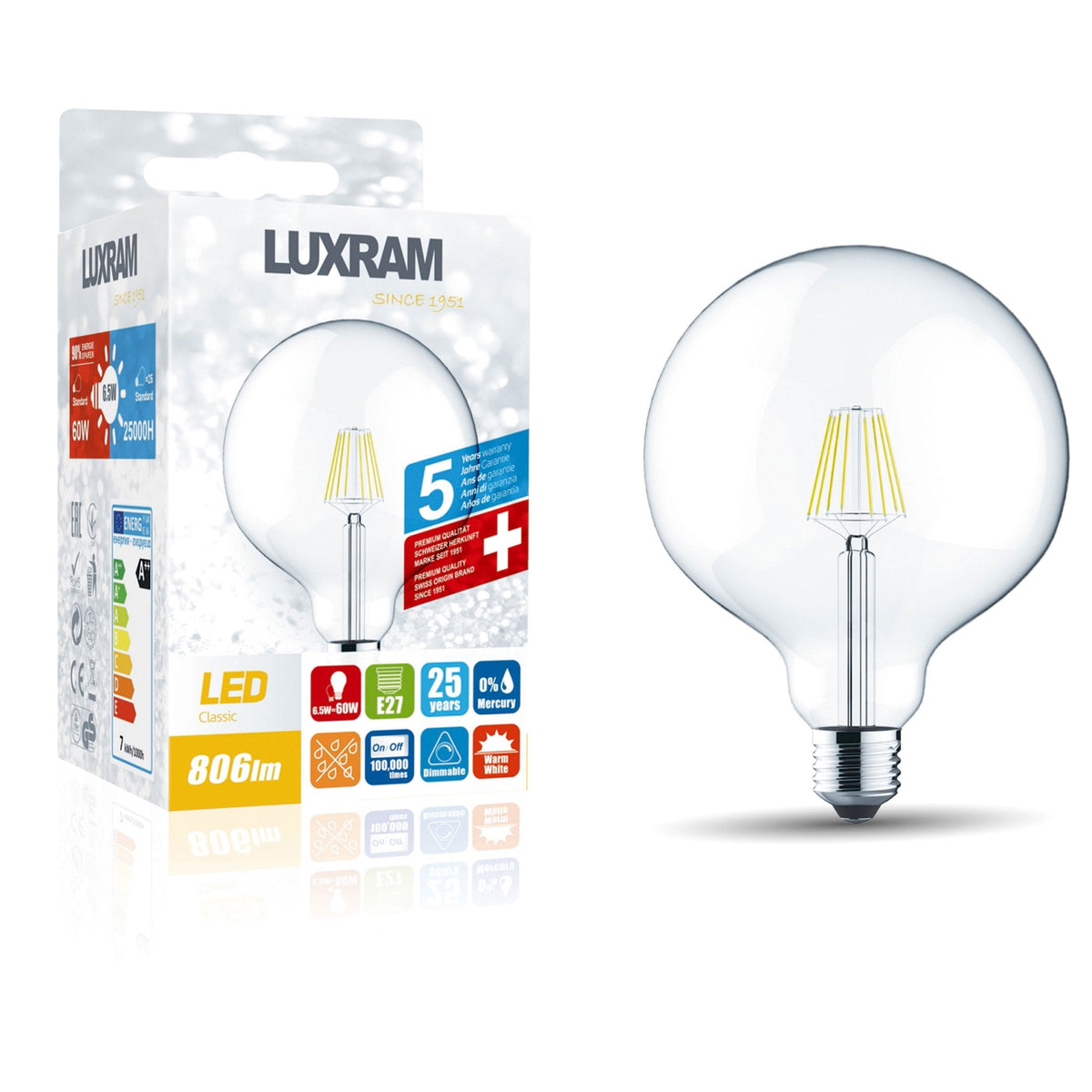 Classic E27 Dimmable Warm White 120mm LED Globe 6.5W 2700K 806lm