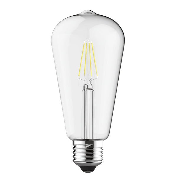 A close-up view of an LED filament bulb with a clear glass and an E27 screw base.