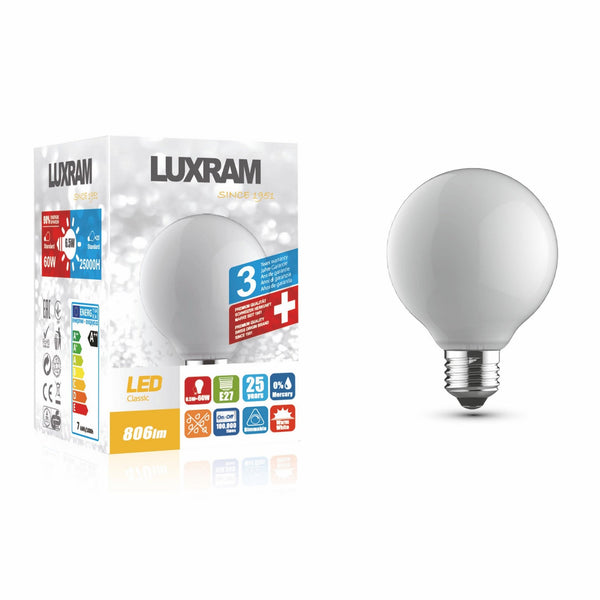 Classic E27 Dimmable Warm White Opal 80mm LED Globe 6.5W 2700K 806lm
