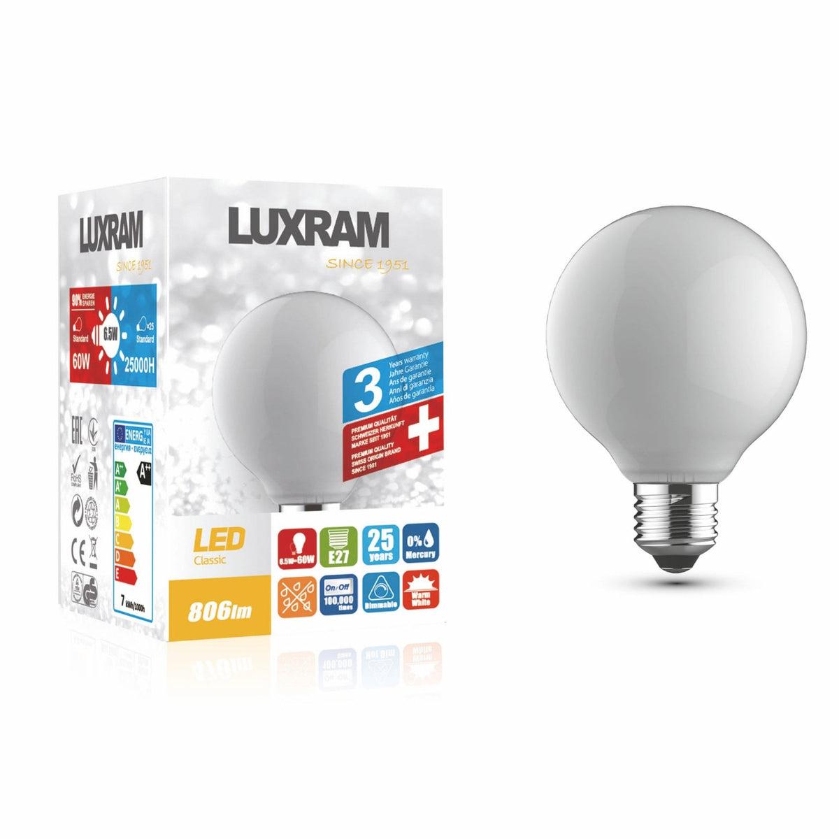 Classic E27 Dimmable Warm White 95mm Opal LED Globe 6.5W 2700K 806lm