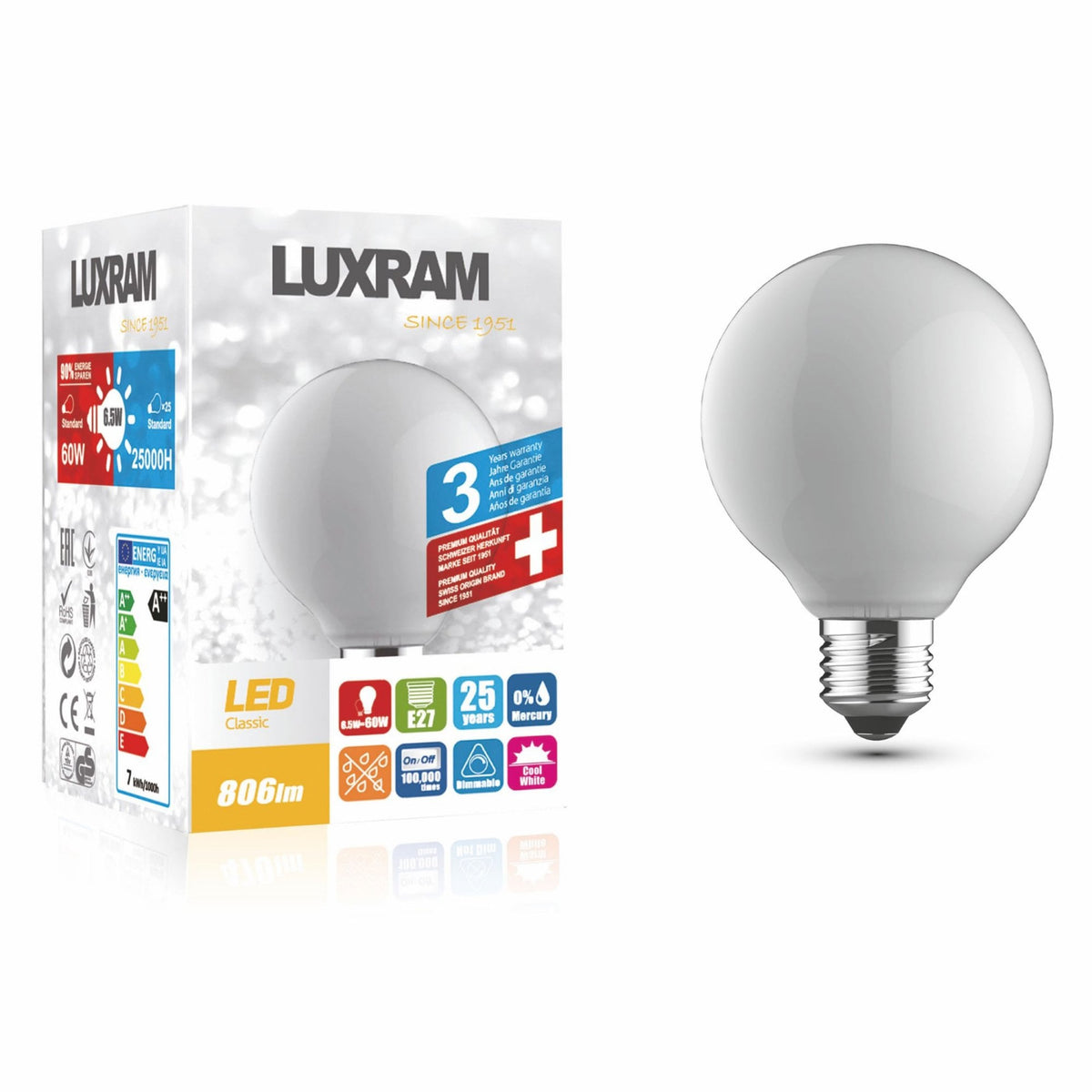 Classic E27 Dimmable Neutral White Opal 95mm LED Globe 6.5W 4000K 806lm