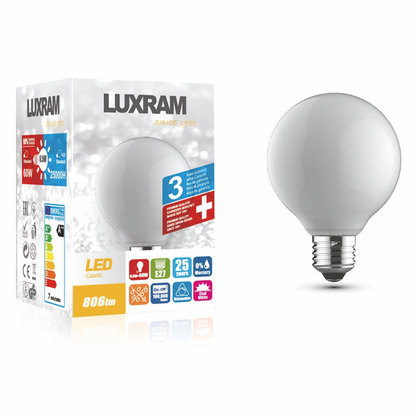 Classic E27 Dimmable Neutral White Opal 95mm LED Globe 6.5W 4000K 806lm