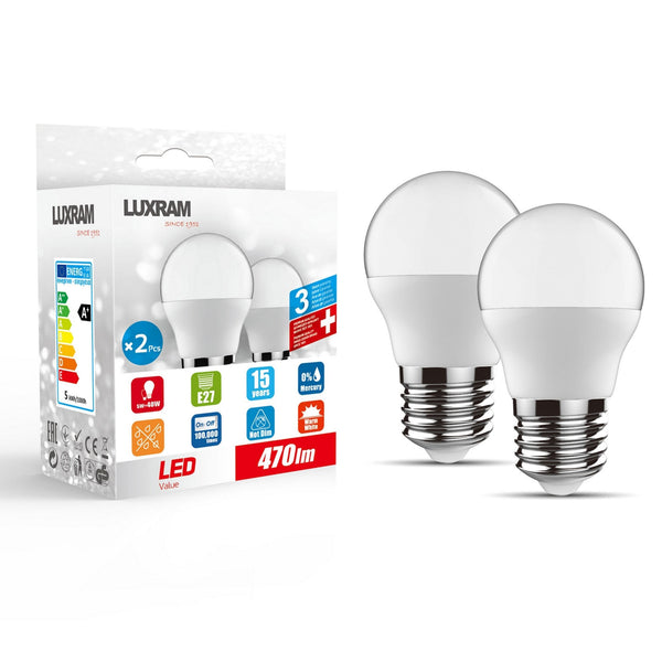 E27 Warm White LED Golf Ball 5W 3000K 470lm Twin Pack