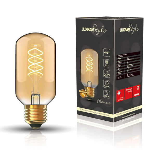 Classic Style Amber E27 Dimmable Extra Warm White Spiral Filament LED 110mm Tube 4W 2100K 200lm
