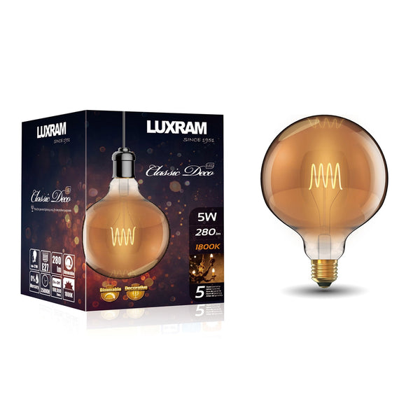 Classic Deco E27 Dimmable Extra Warm White Spiral Filament Amber 125mm LED Globe 5W 1800K 280lm
