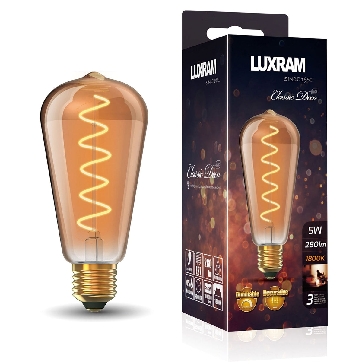 Vintage E27 Rustica Dimmable Pear Shaped Spiral Filament Amber LED 5W 1800K 280lm