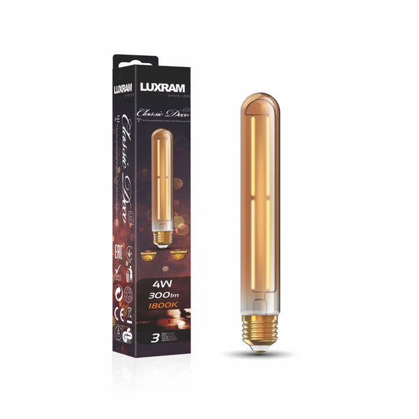 Classic Deco Gold E27 Dimmable Extra Warm White Straight Filament LED 185mm Tube 4W 1800K 300lm