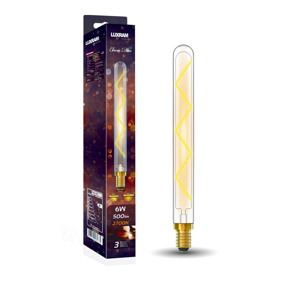 Classic Deco E14 Dimmable Warm White X Filament LED 280mm Tube 6W 2700K 500lm