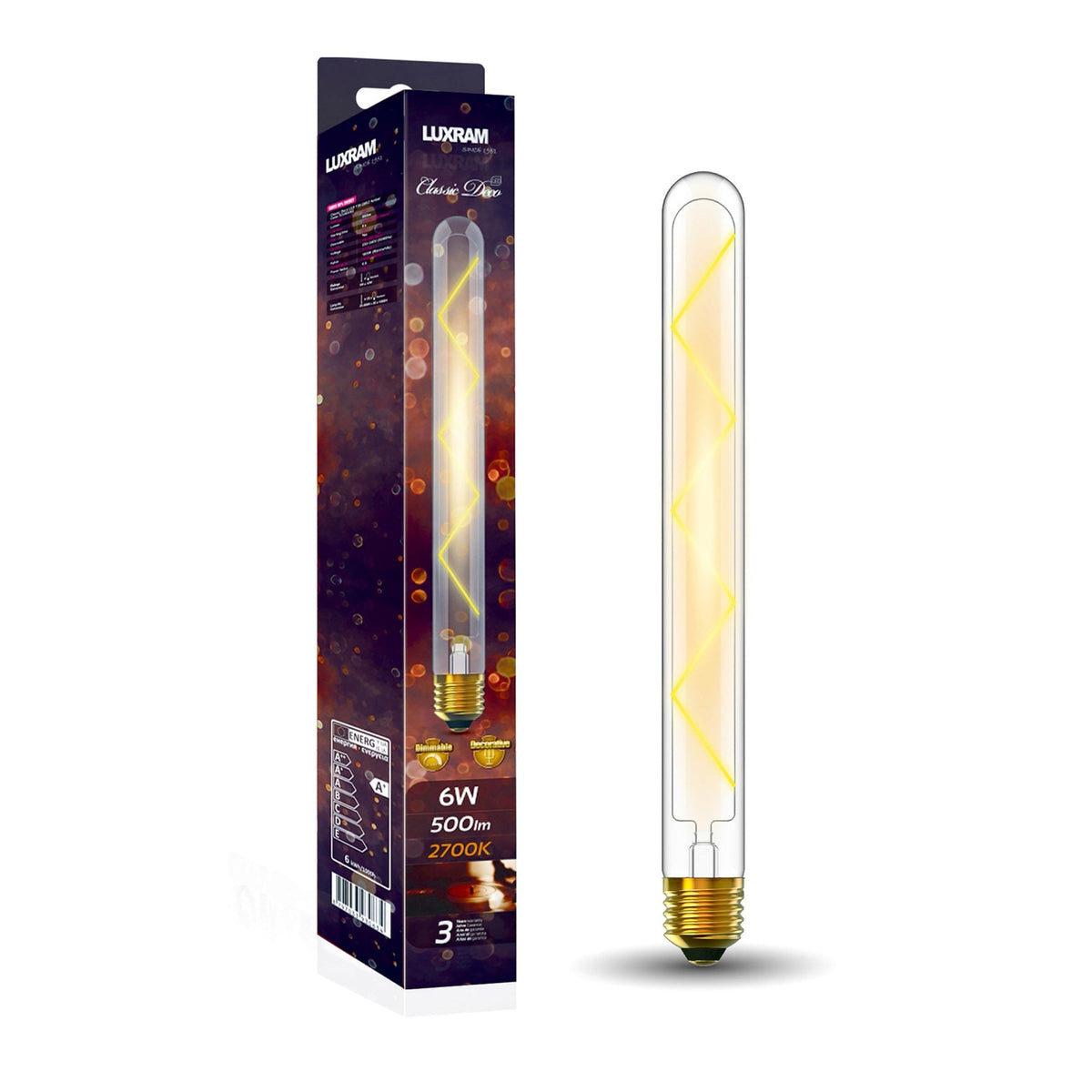 Classic Deco E27 LED 280mm Clear X Filament Tubular Dimmable 6W 2700K 500lm