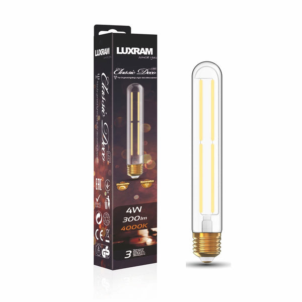 Classic Deco E27 Dimmable Neutral White Straight Filament LED 185mm Tube 4W 4000K 300lm