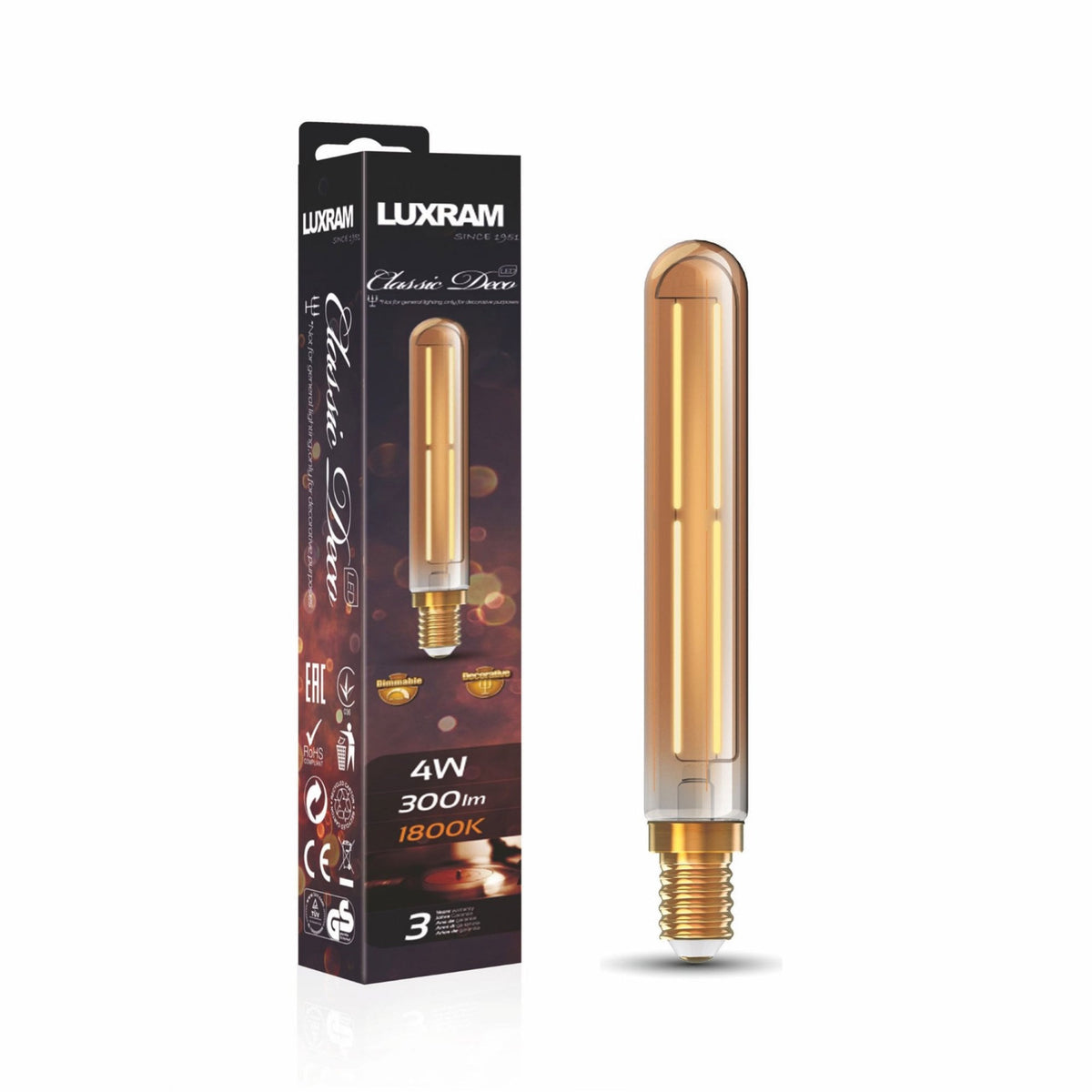 Classic Deco Gold E14 Dimmable Extra Warm White Straight Filament LED 185mm Tube 4W 1800K 300lm