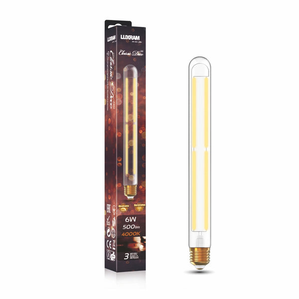 Classic Deco E27 Dimmable Neutral White Straight Filament LED 280mm Tube 6W 4000K 500lm